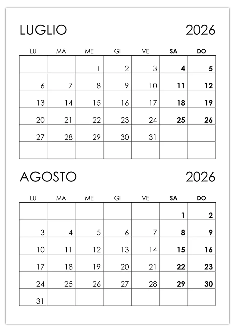 Calendario Verticale Luglio Agosto 2026