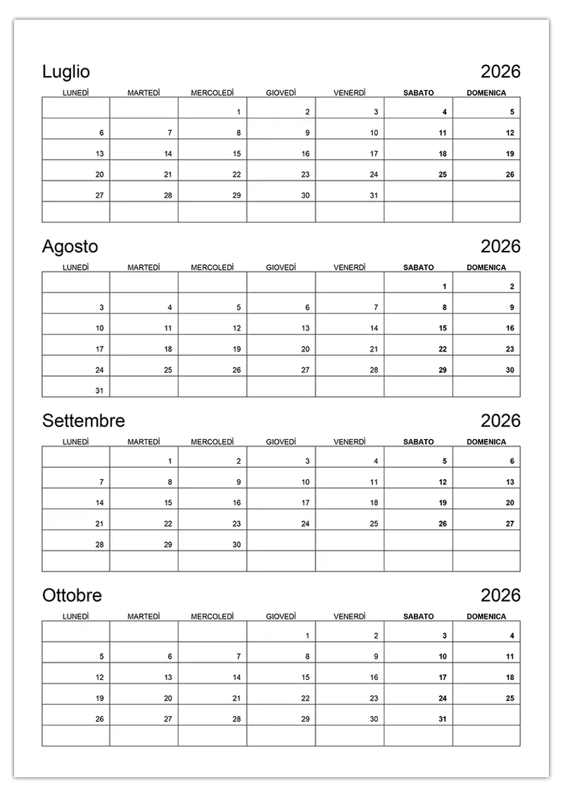 Calendario Luglio Ottobre 2026