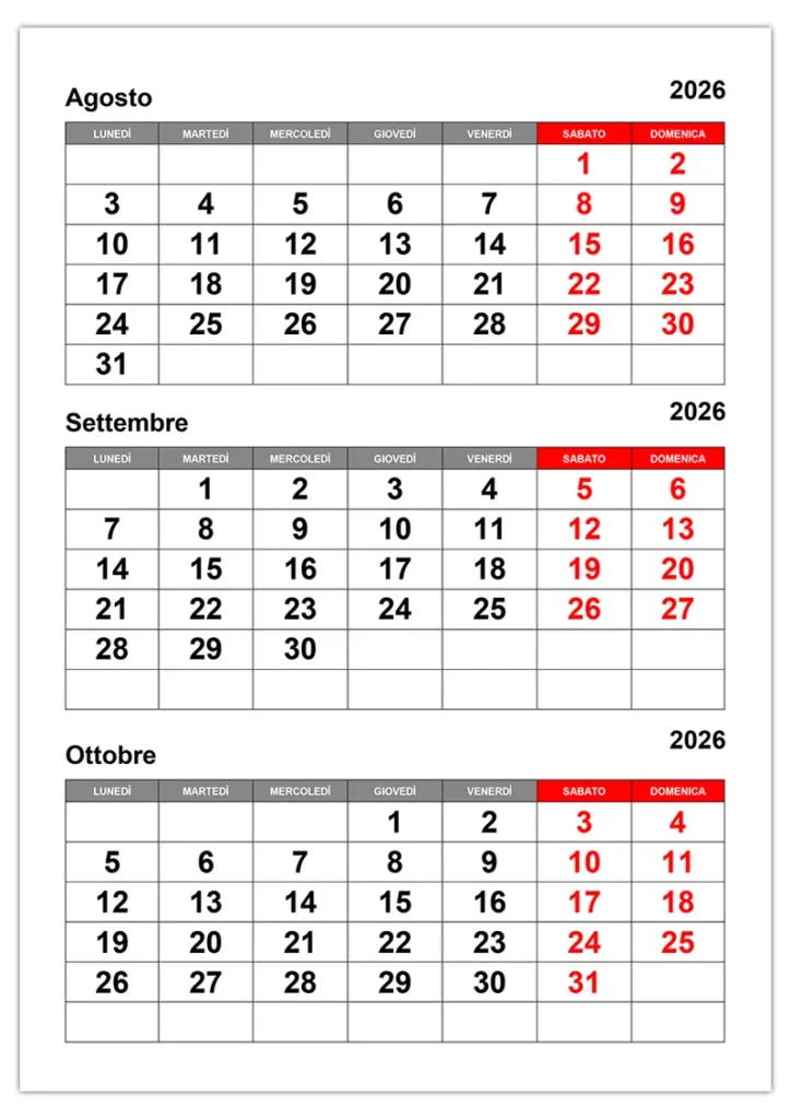 Calendario Agosto Settembre Ottobre 2026