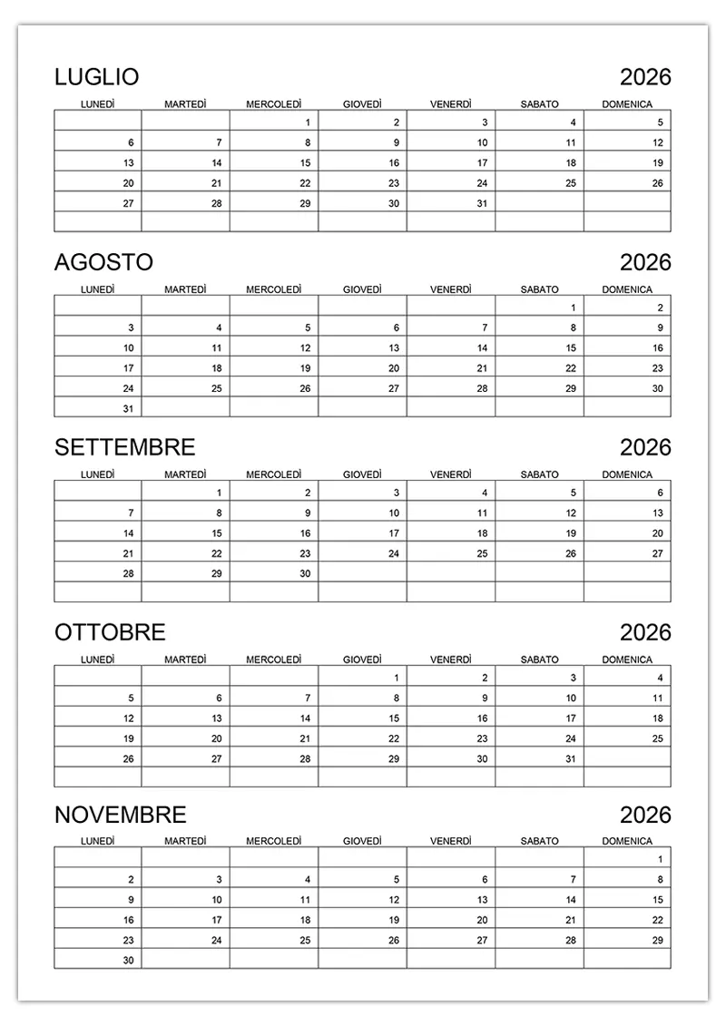 Calendario 2026 Luglio-Novembre