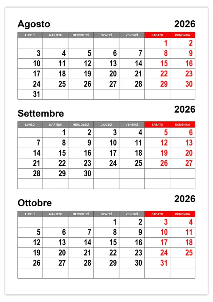 Calendario agosto settembre ottobre 2026