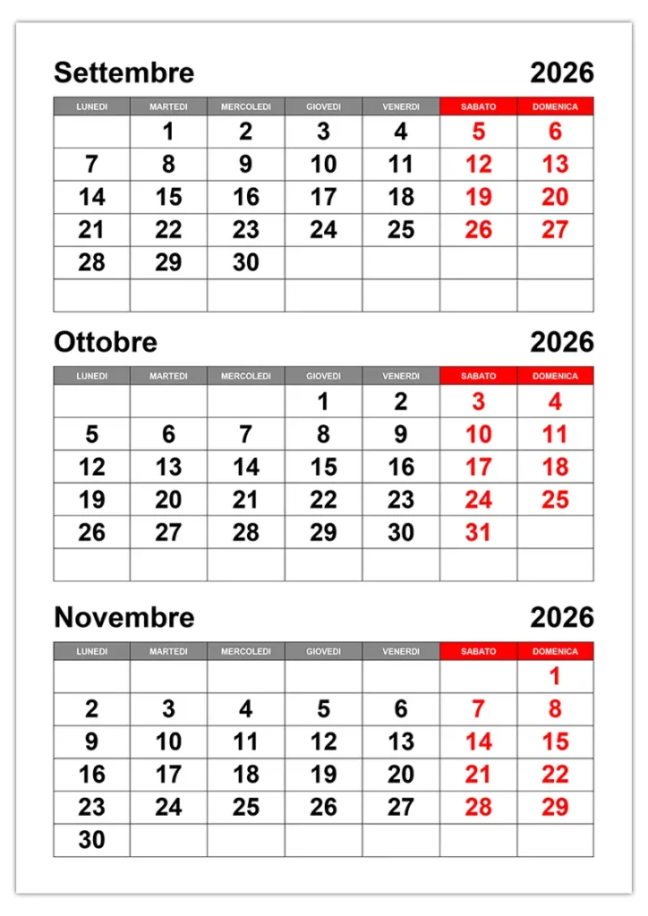 Calendario Settembre Ottobre Novembre 2026