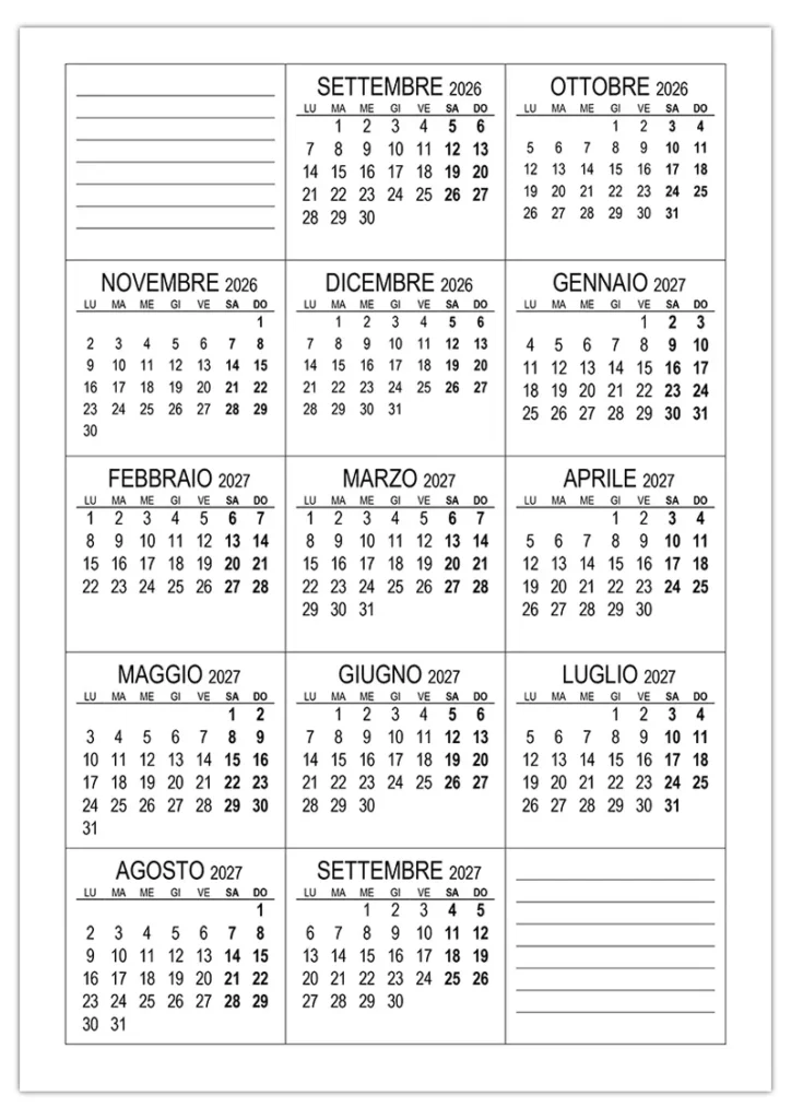Calendario da settembre 2026 a settembre 2027
