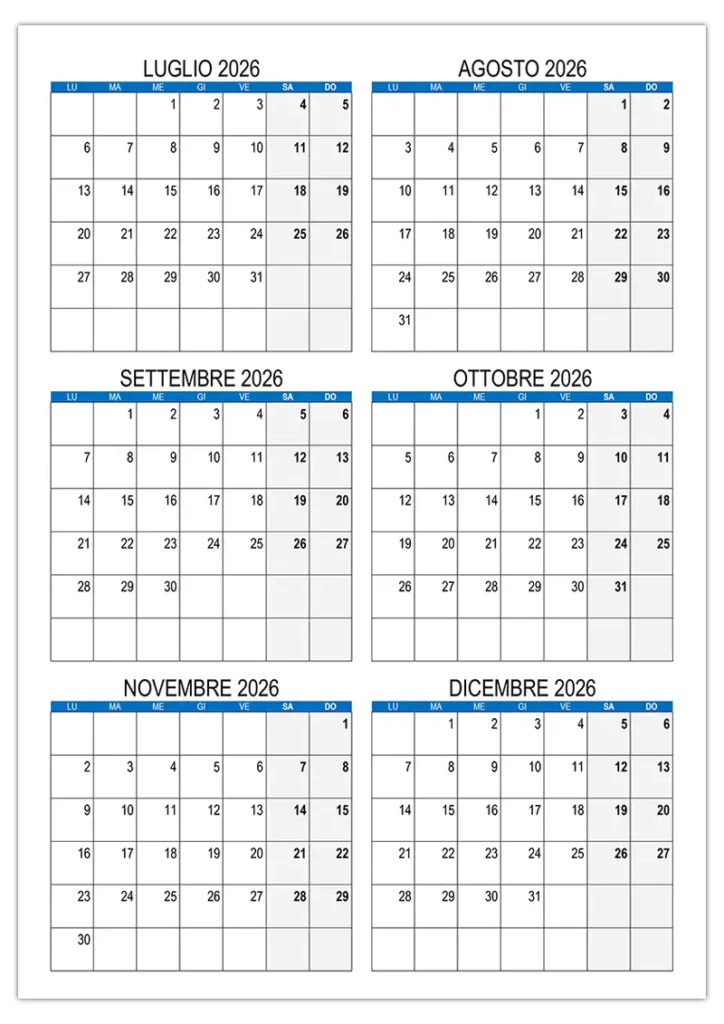 Calendario luglio, agosto, settembre, ottobre, novembre, dicembre 2026 in PDF e DOCx