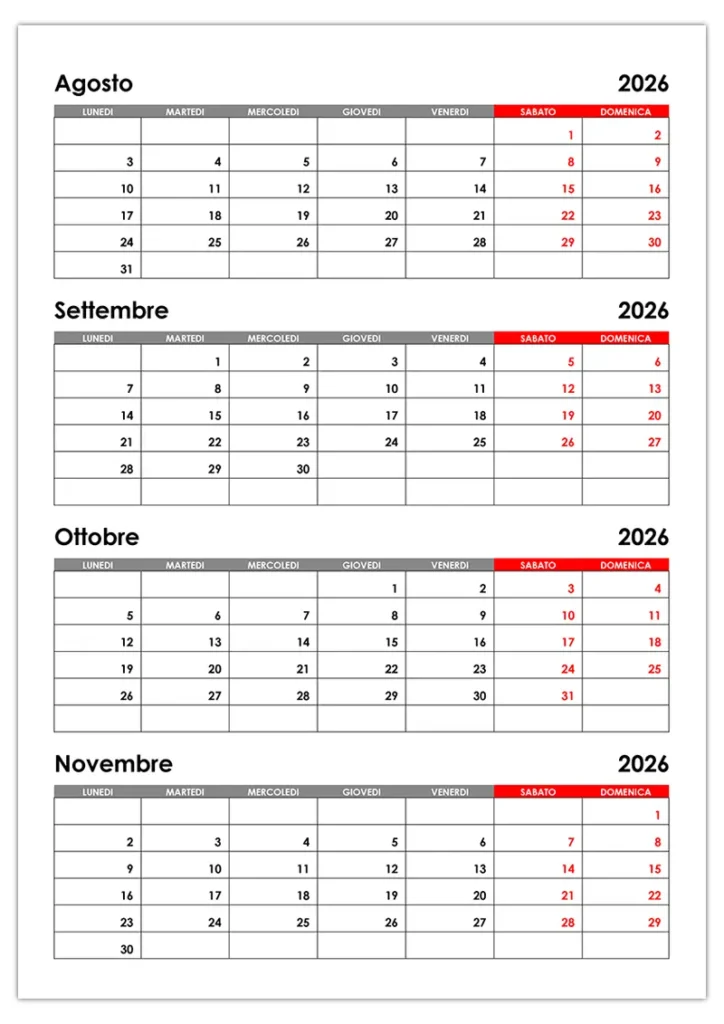 Calendario Agosto, Settembre, Ottobre e Novembre 2026