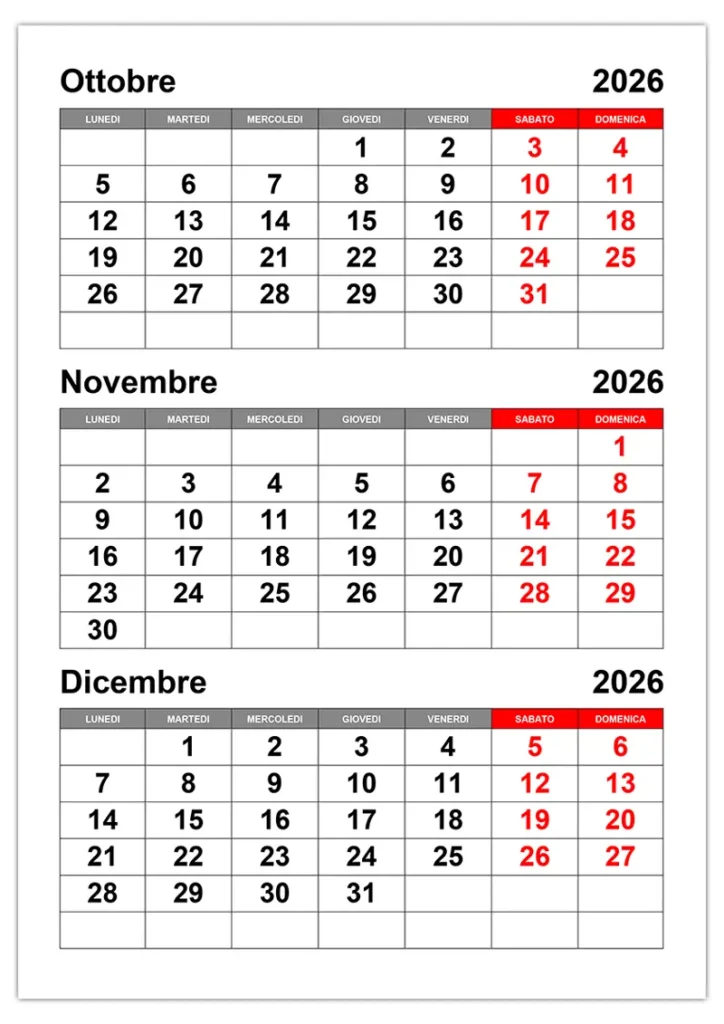Calendario Ottobre, Novembre e Dicembre 2026