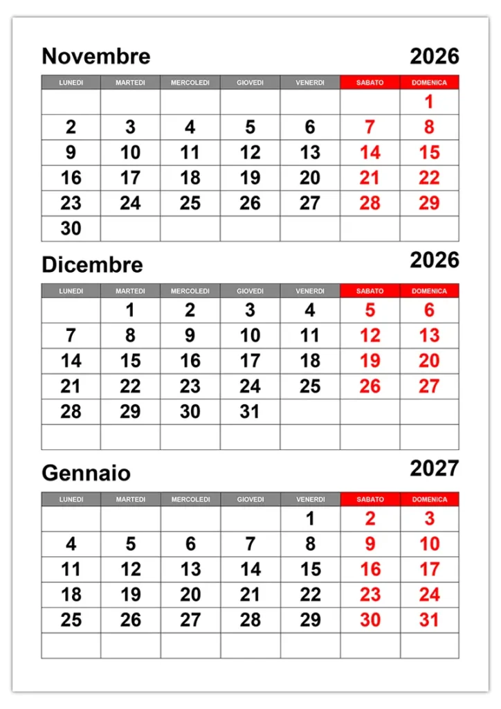 Calendario per novembre, dicembre 2026 e gennaio 2027