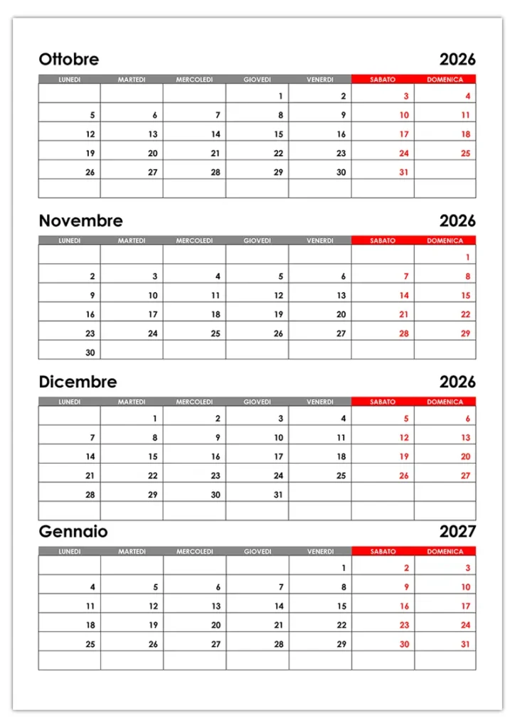 Calendario da Ottobre 2026 a Gennaio 2027