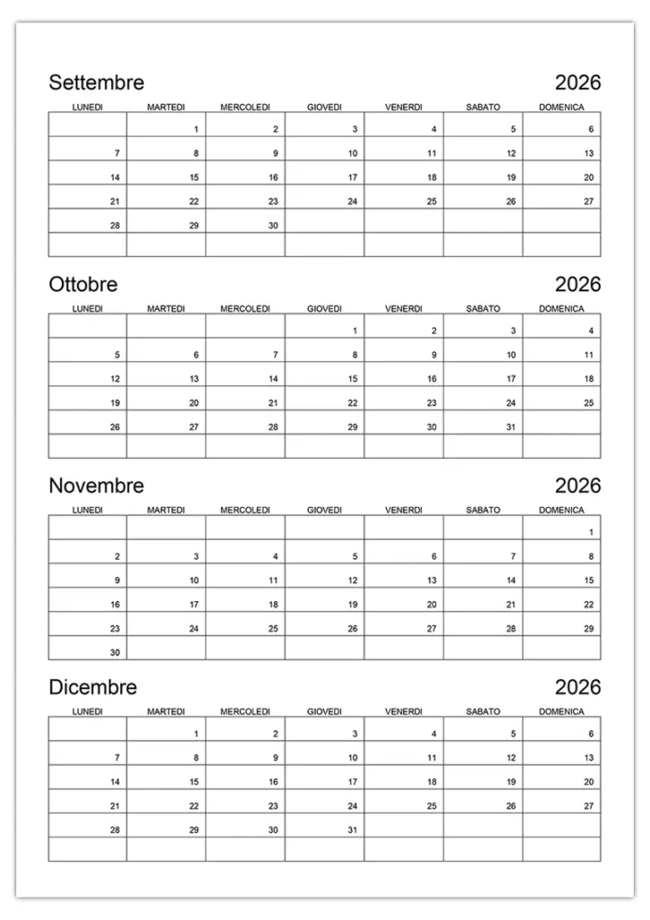 Calendario per settembre, ottobre, novembre e dicembre 2026